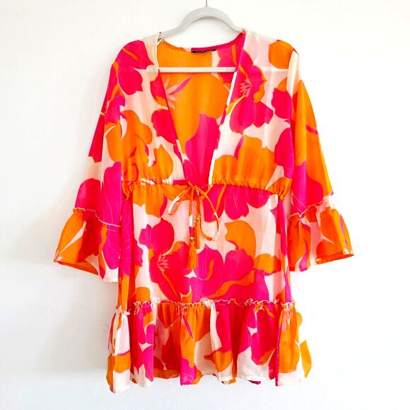 Club Z Collection Dresses & Skirts - Club Z Collection Pink & Orange Floral Sheer Swim Cover Up Mini Dress Sz Medium